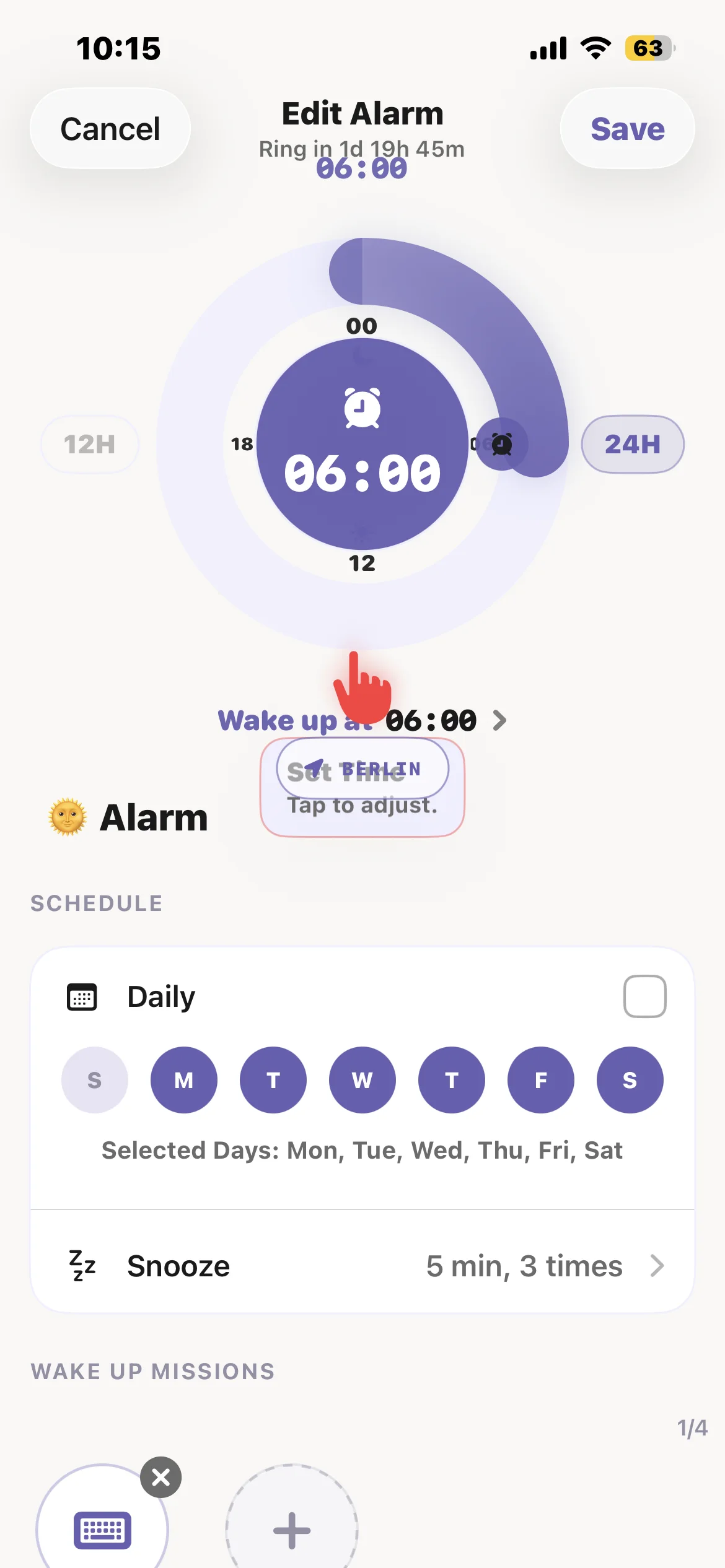 Dawnify alarm editor with the 6 AM wake-up time