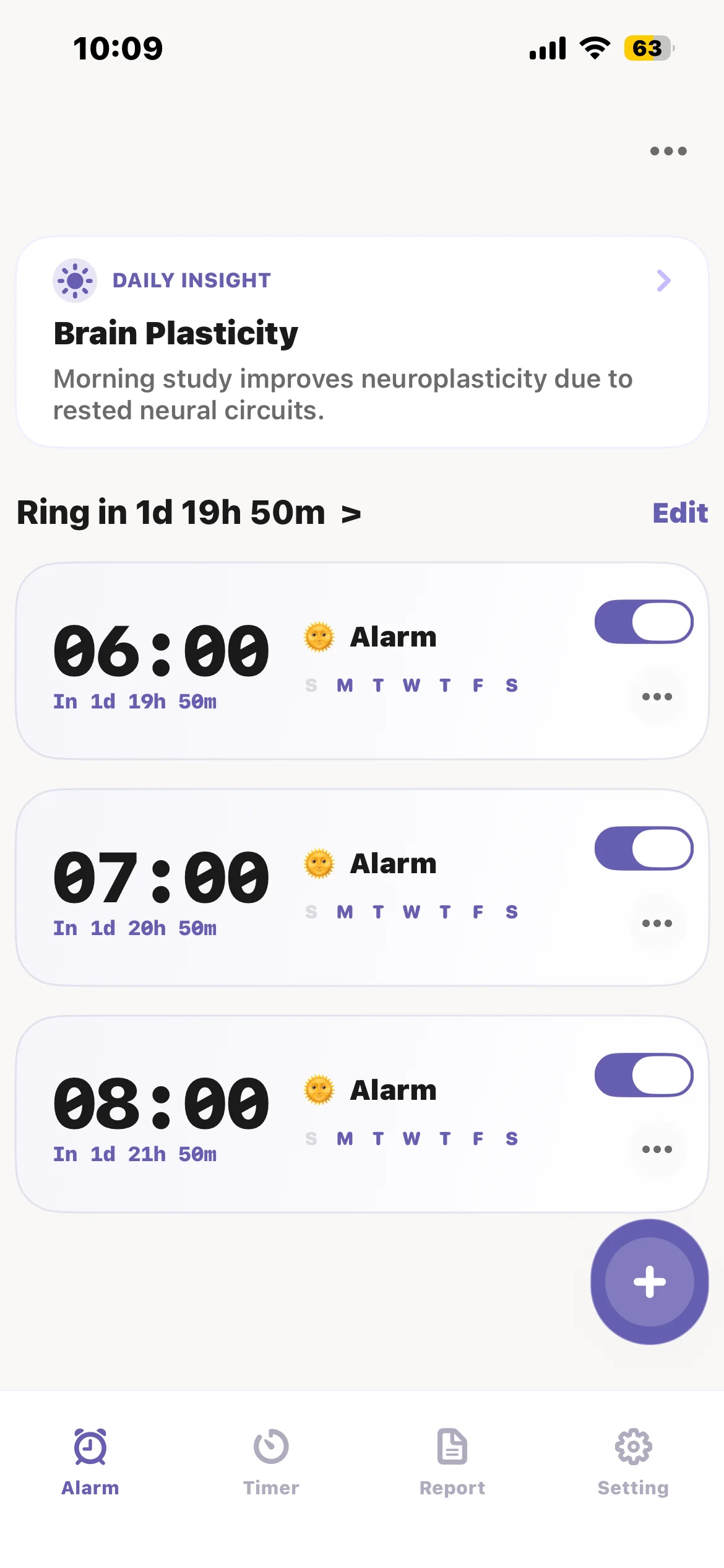 Dawnify alarm list with scheduled morning alarms