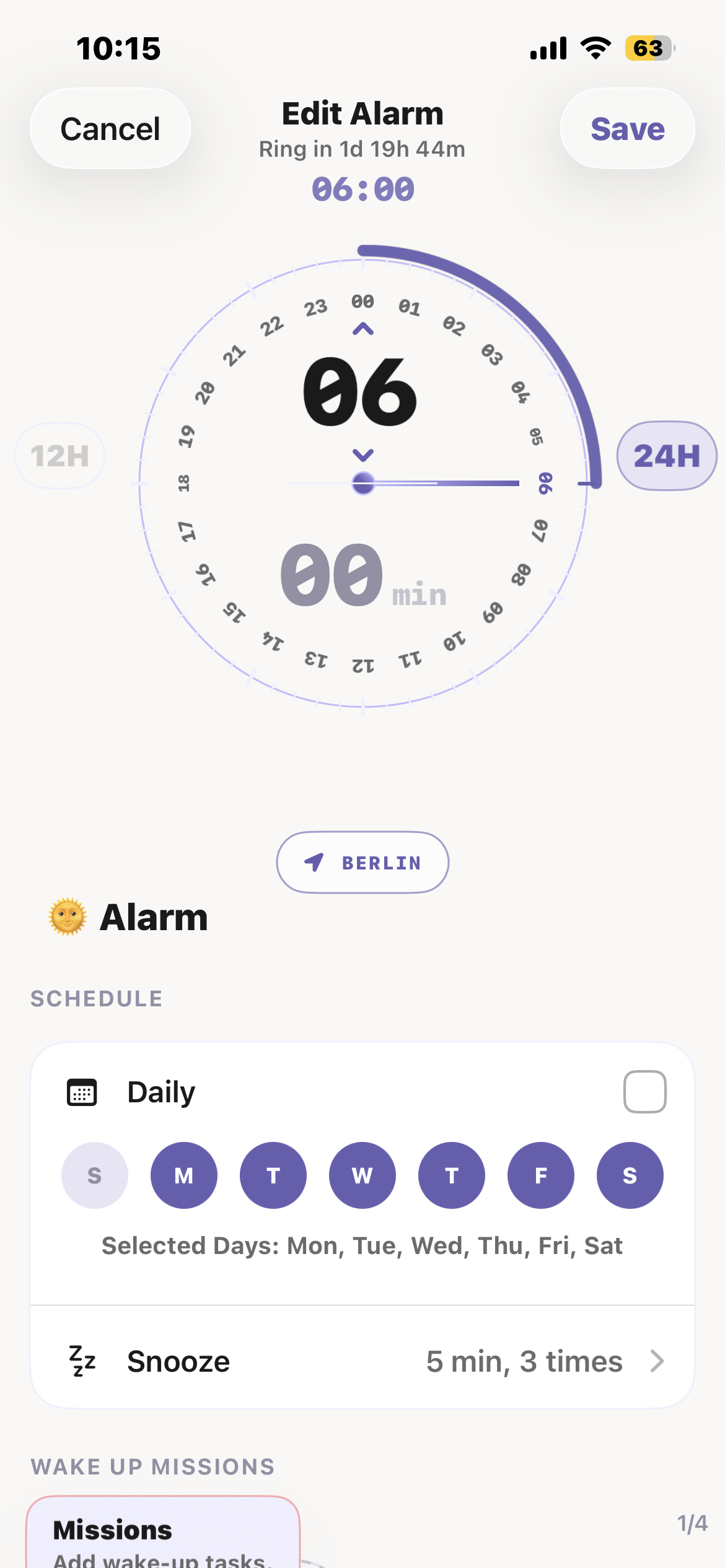 Dawnify alarm schedule and wake-up mission settings
